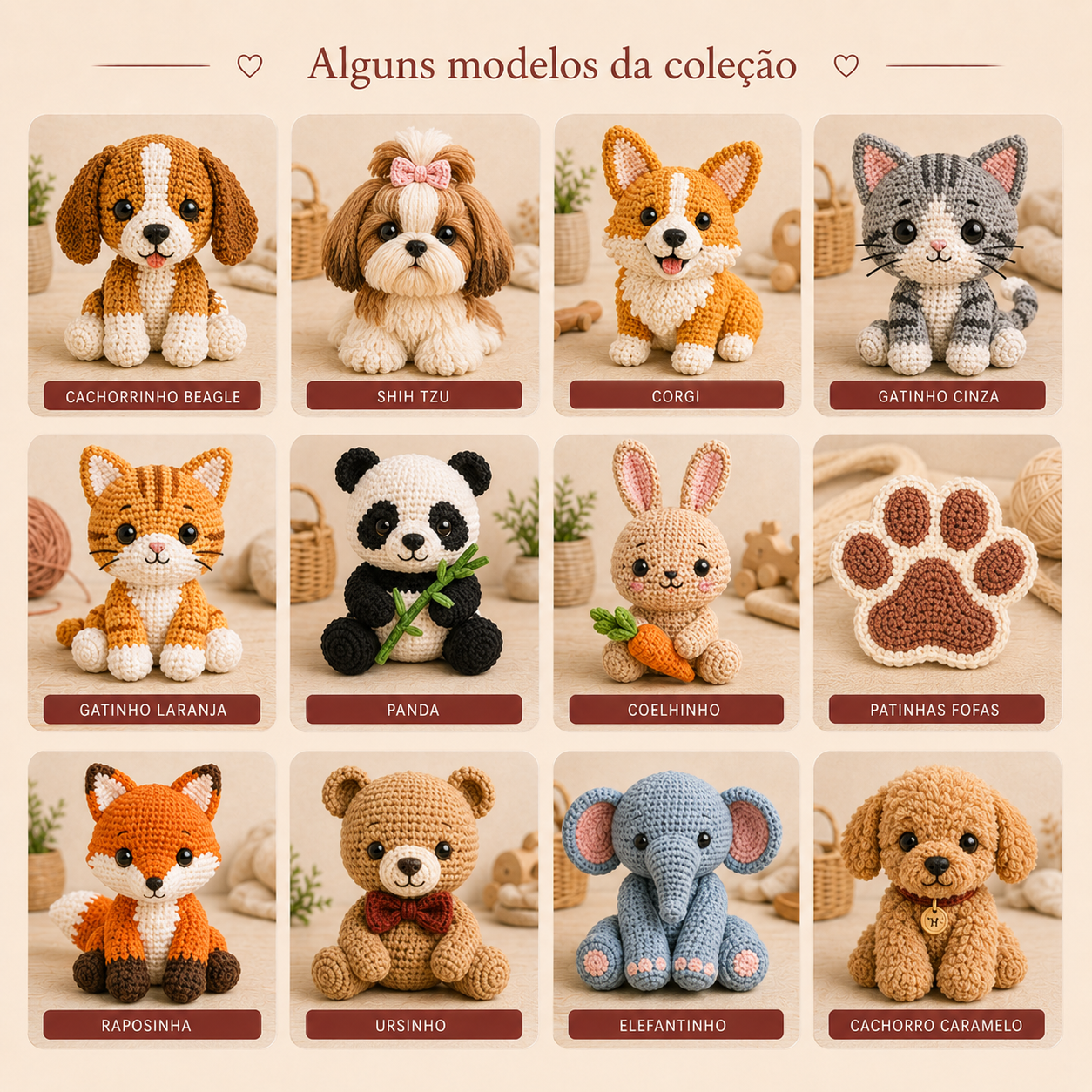 Mosaico com gráficos de Shih Tzu, Pug, Golden Retriever, Spitz, Dachshund, Poodle, Yorkshire, gatinho, coelho, ursinho, raposinha, panda, patinhas, ossinhos e peças prontas em crochê.